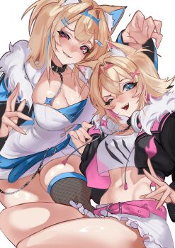 absurdres bandaid bandaid_hair_ornament black_jacket blonde_hair blue_eyes blue_streaks blush breasts cleavage commentary cropped_jacket cropped_shirt dress english_commentary fang fishnet_thighhighs fishnets fur-trimmed_jacket fur_trim fuwawa_abyssgard fuwawa_abyssgard_(1st_costume) hair_ornament headphones headphones_around_neck highres hololive hololive_english jacket large_breasts long_hair looking_at_viewer medium_hair mococo_abyssgard mococo_abyssgard_(1st_costume) navel one_eye_closed pink_eyes pink_streaks shirt shorts small_breasts suliavtuber thighhighs two_side_up very_long_hair virtual_youtuber white_background white_dress white_shirt white_shorts x_hair_ornament