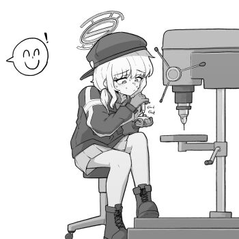 ! 1girl 743_(743rd_bat) aoba_(blue_archive) blue_archive boots closed_mouth drill_press full_body gloves greyscale halo hat holding_tool jacket long_hair long_sleeves monochrome on_stool sitting skirt solo speech_bubble