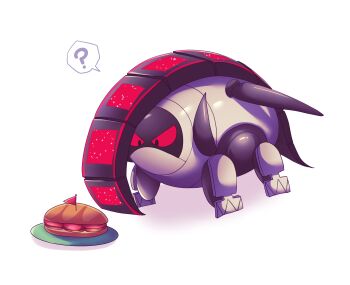 Rule 34 | ?, commentary request, food, full body, h (user cwtm2784), highres, iron treads, nintendo, non-humanoid robot, plate, pokemon, pokemon (creature), pokemon focus, robot, robot animal, sandwich, simple background, solo, speech bubble, spoken question mark, submarine sandwich, v-shaped eyes, white background