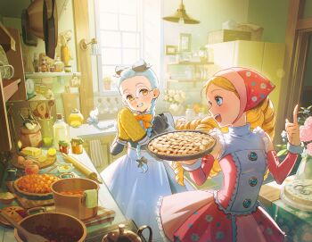 2girls absurdres apple basket blonde_hair blue_eyes blue_flower blue_hair blush bokujou_monogatari bokujou_monogatari_3:_heart_ni_hi_wo_tsukete bow bowtie braid cabinet corn cup cutting_board day detached_sleeves dress drill_hair egg eyelashes floral_print flower food fork fruit frying_pan gina_(bokujou_monogatari) glasses gloves grin hair_bow hair_ornament hanging_light happy highres holding indoors jar juliet_sleeves katie_(bokujou_monogatari) kitchen kitchen_knife knife long_hair long_sleeves looking_at_another measuring_cup multiple_girls note nshi open_door open_mouth orange_(fruit) orange_bow orange_bowtie oven_mitts picture_frame pie pink_dress pink_flower pink_sleeves plant plate potted_plant puffy_sleeves refrigerator rolling_pin rose round_eyewear shelf smile spoon sunlight teeth tongue towel upper_teeth_only vase white_flower white_rose window yellow_eyes