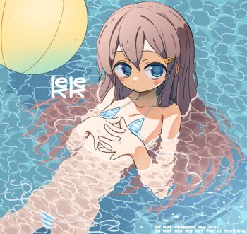 1girl afloat bikini blue_eyes blush expressionless grey_hair interlocked_fingers kokototokook loli long_hair looking_at_viewer micro_bikini original solo striped_bikini striped_clothes swimsuit water wet