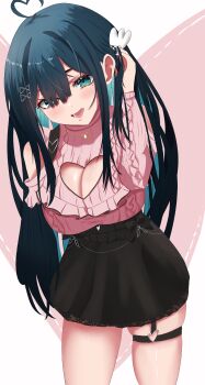 1girl absurdres ahoge amano_nene_(vtuber) amano_nene_(vtuber)_(jirai_kei) black_skirt blue_eyes blue_hair breasts cleavage cleavage_cutout clothing_cutout colored_inner_hair heart heart_ahoge heart_cutout heart_o-ring highres indie_virtual_youtuber large_breasts looking_at_viewer mole mole_under_eye multicolored_hair o-ring o-ring_thigh_strap open_mouth pink_shirt shirt skirt smile solo soru_(soruu) thigh_strap two-tone_hair virtual_youtuber