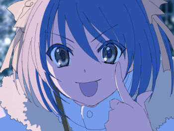 1girl akanbe brown_eyes commentary_request eyelid_pull finger_to_eye hair_between_eyes kakeami looking_at_viewer outdoors ribbon shirt short_hair solo suzumiya_haruhi suzumiya_haruhi_no_yuuutsu tongue tongue_out white_shirt winter_clothes yellow_ribbon