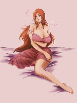 1girl arm_under_breasts bare_shoulders barefoot bleach breasts brown_eyes collarbone female_focus highres inoue_orihime large_breasts long_hair nightgown orange_hair parted_lips simple_background sitting teeth thighs veeepawoon
