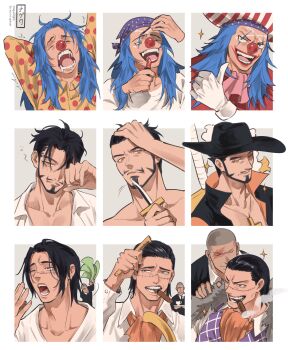 4boys absurdres arms_up ascot beard black_hair black_hat black_jacket black_shirt blue_hair brushing_hair buggy_the_clown buzz_cut cape cigar closed_eyes closed_mouth clown_nose collarbone comb commentary commentary_request cosmetics crew_neck crocodile_(one_piece) cross cross_necklace dagger dark-skinned_male dark_skin daz_bones devil_fruit_power disembodied_hand dracule_mihawk facial_hair fingernails fur-trimmed_cape fur_trim gloves green_cape grey_hair hair_slicked_back hand_on_own_head hat high_collar highres holding holding_comb holding_dagger holding_knife holding_lipstick_tube holding_unworn_clothes holding_weapon jacket jewelry knife light_smile lipstick lipstick_tube long_hair looking_at_viewer makeup male_focus multiple_boys multiple_expressions multiple_views mustache necklace ngumngim one_piece open_clothes open_mouth open_shirt orange_ascot patterned_clothing popped_collar red_ascot rubbing_eyes scar scar_across_eye scar_on_face shirt short_hair smoke smoke_trail smoking sparkle suit_jacket teeth tongue topless_male two-sided_shirt very_short_hair vest weapon white_gloves white_shirt wing_collar yawning yellow_eyes