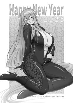 1girl 2025 bodysuit boots breasts closed_mouth commentary_request copyright_notice covered_erect_nipples gloves greyscale happy_new_year high_heel_boots high_heels large_breasts long_hair long_sleeves monochrome new_year original signature smile solo tatsunami_youtoku