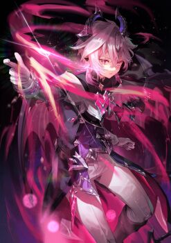 1boy arm_up boots dragon dragon_boy dragon_horns dragon_tail dragon_wings genshin_impact highres horns mini_durin_(genshin_impact) mini_durin_(human)_(genshin_impact) pants pink_light ria_0261 tail white_pants wings