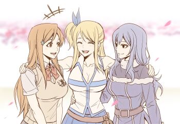 3girls arm_around_shoulder bare_shoulders belt bleach blonde_hair blue_coat blue_hair blue_ribbon blue_sky bow bowtie breasts brown_belt brown_hair brown_sweater_vest capelet cleavage closed_eyes closed_mouth coat collared_shirt fairy_tail fur-trimmed_capelet fur_trim hair_ornament hair_ribbon half_updo highres inoue_orihime juvia_lockser karakura_high_school_uniform large_breasts long_hair looking_at_another lucy_heartfilia multiple_girls n_(nauki_11) open_mouth parted_bangs red_bow red_bowtie ribbon school_uniform shirt short_sleeves side_ponytail sky smile snowflake_hair_ornament striped_clothes striped_vest sweater_vest upper_body vest white_shirt