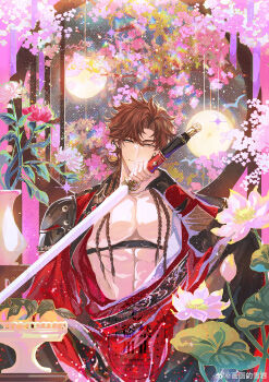 1boy abs absurdres architecture arm_guards armor bare_pectorals black_robe braid brown_eyes brown_hair cherry_blossoms chest_harness chinese_clothes chrysanthemum code:_kite cowboy_shot curtained_hair earrings east_asian_architecture flower fruit_bowl hand_up hanfu harness highres holding holding_sword holding_weapon indoors jewelry jian_(weapon) knee_up lantern light_particles long_hair long_sleeves looking_at_viewer lotus lotus_leaf male_focus multiple_braids night open_clothes open_robe pectorals pink_flower red_hanfu red_robe robe round_window shoulder_armor sitting smile snow234 solo straight-on stud_earrings sun_ce_(code:_kite) sword toned toned_male vase watermark weapon weibo_watermark window