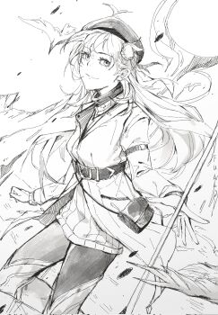 Rule 34 | agnes claudel, beret, blonde hair, blue eyes, braid, braided bun, eiyuu densetsu, ffuald1013, hair bun, hashtag-only commentary, hat, highres, holding, holding staff, kuro no kiseki (series), kuro no kiseki i, leggings, light smile, long hair, looking at viewer, low-tied long hair, monochrome, simple background, single side bun, staff