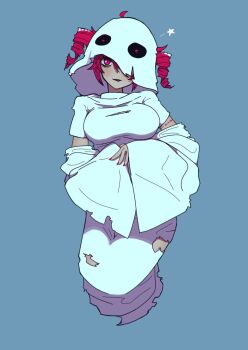 1girl breasts curly_hair ghost_costume highres kasane_teto large_breasts nail_polish red_eyes red_hair seibutsu_(kaibu23_seibutu) simple_background solo vocaloid