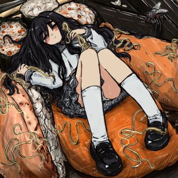 1girl black_hair bubbacterial bug expressionless fly food half-closed_eyes highres in_food insect knees_together_feet_apart loafers long_hair lying makizushi messy_hair mini_person minigirl noodles original oversized_food oversized_object panties pantyshot school_uniform serafuku shoes solo sushi thighs underwear upskirt white_panties