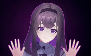 1girl :&gt; absurdres arknights black_background black_hairband bow brown_hair center-flap_bangs closed_mouth commentary diamond-shaped_pupils diamond_(shape) double-parted_bangs grey_bow hairband highres kushaaaa4 looking_at_viewer medium_hair miside open_hands outline palms parody portrait priestess_(arknights) purple_eyes purple_outline simple_background smile solo spread_fingers sweater symbol-only_commentary symbol-shaped_pupils trait_connection turtleneck turtleneck_sweater two-tone_bow variant_set white_bow white_sweater