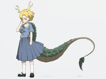 1girl black_shoes blonde_hair blue_shirt blue_skirt collarbone eastern_dragon_horns eastern_dragon_tail expressionless full_body grey_background hand_in_own_hair highres kicchou_yachie long_tail looking_at_viewer parted_bangs shirt shoes short_hair skirt socks solo tail touhou turtle_shell uzou_(uzooooooooo) white_socks yellow_eyes