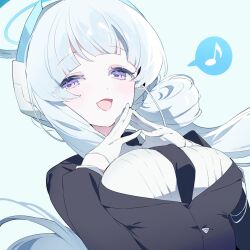 Rule 34 | 1girl, alternate costume, alternate hairstyle, black jacket, black necktie, blue archive, blue background, blunt bangs, butler, female butler, floating hair, halo, highres, jacket, long hair, looking at viewer, meunhongcha, musical note, necktie, noa (blue archive), open mouth, purple eyes, shirt, simple background, smile, solo, spoken musical note, upper body, white hair, white shirt