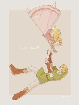 1boy 1girl annco60 blonde_hair boots brown_boots brown_gloves closed_eyes copyright_name dress earrings elbow_gloves falling fingerless_gloves gloves green_hat green_tunic hat jewelry link long_dress long_hair looking_at_another nintendo outstretched_hand pants parted_bangs phrygian_cap pink_dress pointy_ears princess_zelda short_hair sidelocks the_legend_of_zelda the_legend_of_zelda:_ocarina_of_time tiara tunic twitter_username white_gloves white_pants