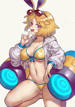 Rule 34 | 1girl, absurdres, animal ears, bikini, blonde hair, breasts, bright pupils, cleavage, commentary, cropped jacket, disgaea, disgaea rpg, english commentary, eyewear on head, front-tie bikini top, front-tie top, full body, future usalia (beach) (disgaea), future usalia (disgaea), hand up, highres, hood, hood down, hooded jacket, index finger raised, jacket, kayaya (kiryuushi), kneeling, large breasts, looking at viewer, makai senki disgaea 5, navel, open clothes, open jacket, open mouth, rabbit ears, red eyes, short hair, smile, sunglasses, swimsuit, thrusters, turbine, underboob, usalia (disgaea), white jacket, white pupils, yellow bikini
