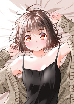 Rule 34 | 1girl, black shirt, brown cardigan, brown eyes, brown hair, cardigan, collarbone, looking at viewer, lying, on back, on bed, original, shirt, short hair, sleeveless, sleeveless shirt, solo, yamanaka kouji (yanchiki2001)