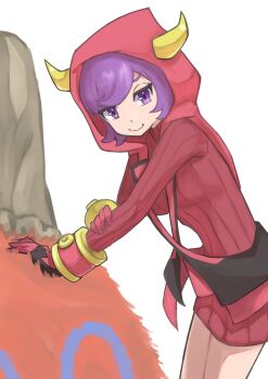 1girl absurdres breasts camel camerupt courtney_(pokemon) cowlick dress gen_3_pokemon highres hood hooded_vest hoodie horned_hood horns leaning_forward long_sleeves medium_breasts mutuki_conoka nintendo pokemon pokemon_(creature) pokemon_oras purple_eyes purple_hair red_dress red_hood ribbed_dress ribbed_sweater short_dress short_hair smile sweater vest