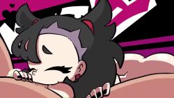 1boy 1girl animated ass bad_id bad_twitter_id black_background black_hair black_nails breasts butt_crack character_name chocolate-pete closed_eyes closed_mouth cowboy_shot cum cum_in_mouth cum_on_tongue deepthroat ejaculation eyebrows eyelashes fellatio fingernails gokkun green_eyes handjob hetero large_penis licking licking_penis looking_at_another looking_up looping_animation marnie_(pokemon) nail_polish nintendo nipples open_mouth oral penis petite pokemon pokemon_swsh purple_background short_hair simple_background small_breasts smile solo_focus sound tagme teeth testicle_sucking testicles tongue tongue_out two-tone_background uncensored upper_teeth_only video
