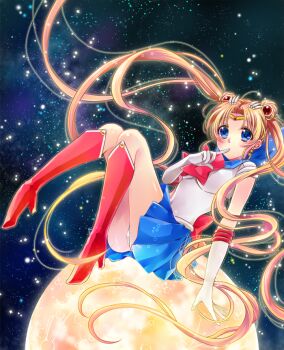 1girl ass bishoujo_senshi_sailor_moon blonde_hair blue_eyes blue_sailor_collar blue_skirt boots crescent crescent_earrings earrings elbow_gloves gloves himuro_(himushin) jewelry long_hair moon panties panty_peek sailor_collar sailor_moon sailor_senshi sailor_senshi_uniform skirt solo tsukino_usagi twintails underwear white_gloves
