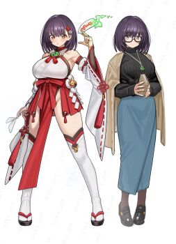 1girl armpits bell black_hair black_pantyhose black_sweater book breasts commentary_request commission detached_sleeves flower glasses hair_flower hair_ornament hakama hakama_short_skirt hakama_skirt highleg highres holding holding_book holding_ofuda jacket jacket_on_shoulders japanese_clothes jewelry jingle_bell large_breasts long_skirt magatama magatama_necklace necklace nontraditional_miko ofuda original pantyhose pelvic_curtain reference_sheet ribbed_sweater sara_manta shide short_hair skirt sweater thighhighs thighs white_thighhighs yellow_eyes