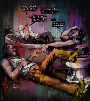 2boys arm_hair ashtray bathroom bathtub beard black_hair bottle brown_hair cigarette disco_elysium english_text facial_hair full_body harry_du_bois highres holding holding_cigarette indoors jean_vicquemare lying male_focus midriff motgarel multiple_boys mutton_chops on_back short_hair sitting socks tank_top toilet toilet_paper white_socks white_tank_top