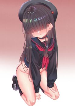 1girl :3 absurdres between_legs black_choker black_hair black_headwear black_sailor_collar black_shirt black_shoes black_socks blue_archive blunt_bangs blush bottomless brown_background choker closed_mouth collarbone commentary facing_viewer female_focus flat_chest full_body gradient_background groin hair_over_eyes hand_between_legs highres justice_task_force_member_(blue_archive) loli long_bangs long_hair naimeow neckerchief nose_blush red_neckerchief sailor_collar sailor_shirt seiza shirt shoes sidelocks sitting socks solo straight_hair very_long_hair