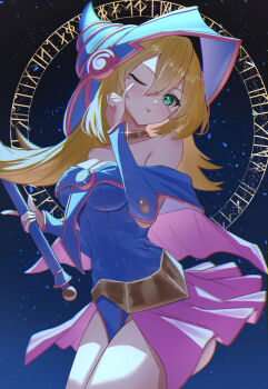 1girl ;p absurdres bare_shoulders blonde_hair blue_hat blue_leotard blush_stickers breasts cleavage collarbone commentary_request cowboy_shot dark_magician_girl duel_monster green_eyes hat highres holding holding_staff ky00 leotard long_hair looking_at_viewer one_eye_closed sky smile solo staff star_(sky) starry_sky thighs tongue tongue_out very_long_hair wizard_hat yu-gi-oh!