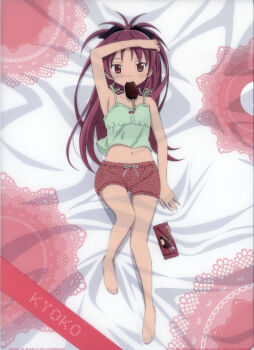 1girl :3 absurdres arm_on_own_head bed_sheet bow character_name food food_in_mouth food_wrapper full_body green_tank_top hair_bow highres incredibly_absurdres lying mahou_shoujo_madoka_magica non-web_source official_art on_back on_bed pajamas ponytail popsicle popsicle_in_mouth red_eyes red_hair red_shorts sakura_kyoko scan self-scan shorts solo tank_top