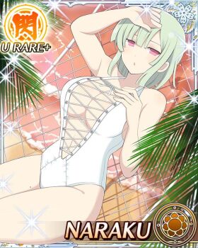 1girl :o beach bob_cut border breasts card_(medium) character_name cleavage cross-laced_clothes cross-laced_one-piece_swimsuit game_cg green_hair hand_on_own_chest hand_on_own_forehead large_breasts looking_at_viewer lying medium_hair mole mole_on_thigh naraku_(senran_kagura) navel ocean official_art on_back on_hammock one-piece_swimsuit palm_tree pink_eyes senran_kagura senran_kagura_new_wave solo sunset swimsuit third-party_source tree white_one-piece_swimsuit