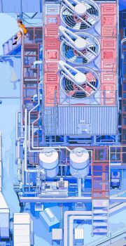 Rule 34 | 1girl, absurdres, black shoes, black socks, brown hair, brown skirt, highres, industrial pipe, kneehighs, long sleeves, orange vest, original, pleated skirt, ponytail, profile, shirt, shoes, skirt, socks, solo, stairs, tanaka hirotaka, vest, white shirt, wide shot