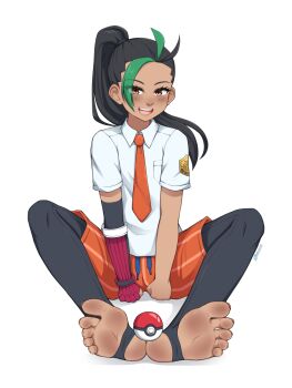 Rule 34 | 1girl, absurdres, ahoge, barefoot, black hair, black leggings, blush, breasts, collared shirt, curled fingers, dark-skinned female, dark skin, eyelashes, feet, female focus, floating hair, foot focus, full body, gluteal fold, grabbing own ass, green hair, groping, happy, high ponytail, highres, knees apart feet together, leggings, leggings under shorts, legs, long hair, looking at viewer, lululewd, multicolored hair, naranja academy school uniform, naughty face, necktie, nemona (pokemon), nintendo, orange eyes, orange necktie, orange shorts, outstretched legs, poke ball, pokemon, pokemon sv, ponytail, school uniform, shirt, short sleeves, shorts, signature, simple background, skin tight, small breasts, soles, stirrup legwear, thighs, toeless legwear, toenails, toes, two-tone hair, v arms, white background
