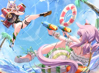 2girls amekudaki animal_ears black_one-piece_swimsuit blue_sky breasts cleavage cloud collarbone commentary_request day dress eyewear_on_head gold_ship_(run_revolt_launcher)_(umamusume) gold_ship_(umamusume) grey_hair grin highres holding holding_water_gun horse_ears horse_girl horse_tail large_breasts long_hair looking_at_viewer mejiro_mcqueen_(ripple_fairlady)_(umamusume) mejiro_mcqueen_(umamusume) midair multiple_girls one-piece_swimsuit one_eye_closed outdoors purple_eyes sky smile summer sunglasses swimsuit tail umamusume water water_gun wet white_dress
