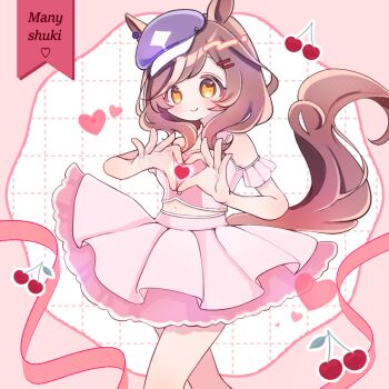 1girl animal_ears blush breasts brown_hair clothing_cutout cropped_shirt ear_ornament heart heart_hands horse_ears horse_girl horse_tail layered_skirt looking_at_viewer matikanetannhauser_(umamusume) meni_shuki_rush-sshu! midriff multicolored_hair pink_shirt pink_skirt pink_socks sakuma_nuta shirt shoulder_cutout skirt smile socks solo tail umamusume