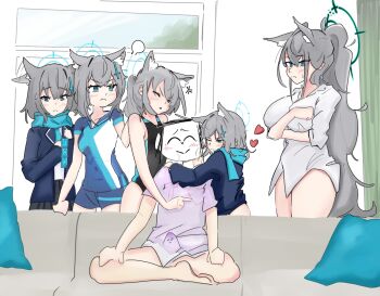1boy 5girls anger_vein animal_ear_fluff animal_ears blue_archive blue_eyes blue_scarf breasts commentary_request competition_swimsuit cross_hair_ornament cycling_uniform doodle_sensei_(blue_archive) extra_ears glaring grey_hair hair_ornament halo heart hug large_breasts long_hair long_sleeves looking_at_another medium_hair meme multiple_girls official_alternate_costume one-piece_swimsuit piper_perri_surrounded_(meme) ponytail scarf school_uniform sensei_(blue_archive) shiroko_(blue_archive) shiroko_(cycling)_(blue_archive) shiroko_(swimsuit)_(blue_archive) shiroko_(young)_(blue_archive) shiroko_terror_(blue_archive) sitting standing swimsuit user_zzuz4343 wolf_ears