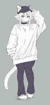 Rule 34 | 1girl, adjusting clothes, adjusting headwear, animal ear fluff, animal ears, casual, commentary request, full body, grey background, highres, looking at viewer, medium hair, monochrome, original, pants, shoes, short eyebrows, simple background, solo, standing, sweater, tail, yagatake arashi (nekoarashi), yana (nekoarashi)
