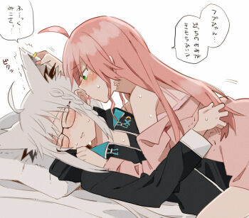 2girls ahoge animal_ear_fluff animal_ears black_shirt blush bra braid cat_ears closed_mouth commentary_request ear_licking earrings grabbing_another&#039;s_ear green_eyes hand_on_another&#039;s_back hand_on_another&#039;s_ear hololive jewelry kutsuwada_on licking long_sleeves lying multiple_girls off_shoulder on_back parted_lips pillow pink_bra pink_shirt sakura_miko shirakami_fubuki shirt side_braid simple_background speech_bubble sweat tongue tongue_out translation_request underwear virtual_youtuber white_background white_hair yuri