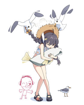 1boy 1girl absurdres adon_(dufaladanidu) ahoge bikini bird black_hair blue_archive braid closed_eyes commentary doodle_sensei_(blue_archive) floral_print floral_print_bikini grey_halo halo hat highres leaf leaf_on_head long_hair miyu_(blue_archive) miyu_(swimsuit)_(blue_archive) open_mouth print_bikini seagull sensei_(blue_archive) standing straw_hat swimsuit symbol-only_commentary twin_braids white_background white_bikini