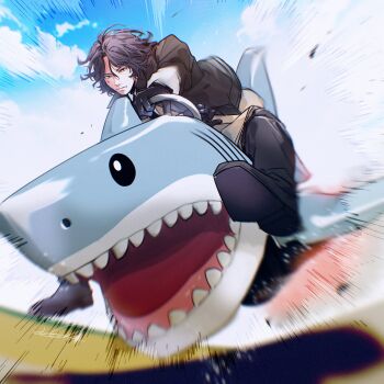 1boy black_gloves black_hair black_jacket black_pants blue_sky cloud cloudy_sky gloves highres jacket on_scooter pants real_life rnyo shark_scooter signature sky yonezu_kenshi_(person)