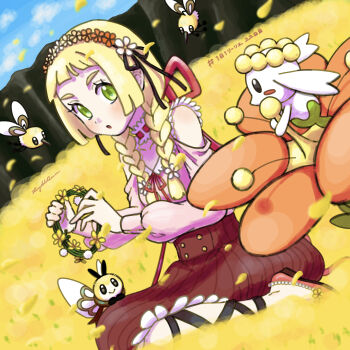 Rule 34 | 1girl, :o, absurdres, alternate costume, bare shoulders, blonde hair, blush, braid, cloud, commentary request, cutiefly, day, eyelashes, falling petals, field, flabebe, flower, flower field, gen 6 pokemon, gen 7 pokemon, green eyes, hairband, highres, hiyokko2min, holding, lillie (pokemon), long hair, neck garter, nintendo, open mouth, outdoors, petals, pink shoes, pokemon, pokemon (creature), pokemon sm, red skirt, ribombee, shirt, shoes, sitting, skirt, sky, twin braids