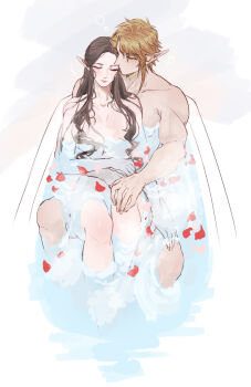 1boy 1girl arm_around_waist bathing bathtub blonde_hair breasts brown_hair closed_eyes commentary couple hair_between_eyes hetero highres kurokawa_karasu link long_hair medium_breasts nintendo nude parted_bangs partially_submerged petals pointy_ears princess_zelda red_petals shared_bathing short_hair sidelocks sitting sitting_on_lap sitting_on_person symbol-only_commentary the_legend_of_zelda the_legend_of_zelda:_twilight_princess