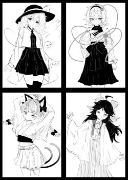 4girls alternate_costume animal_ears arms_behind_head bow braid cat_ears cat_girl cat_tail commentary_request greyscale hair_bow hairband hat hat_ribbon heart heart_of_string highres japanese_clothes kaenbyou_rin kimono komeiji_koishi komeiji_satori long_hair long_skirt messy_hair monochrome multiple_girls multiple_tails nanahana_nanana red_ribbon reiuji_utsuho ribbon short_hair side_braids skirt tail third_eye touhou twin_braids two_tails vest