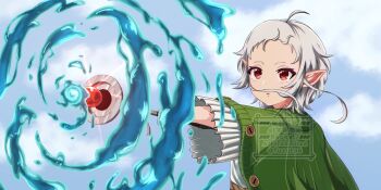 1girl ahoge arm_up blue_sky capelet casting_spell cloud elf fuzuta6 green_capelet highres hydrokinesis mushoku_tensei pointy_ears red_eyes short_hair sky solo sylphiette_(mushoku_tensei) wand water white_hair