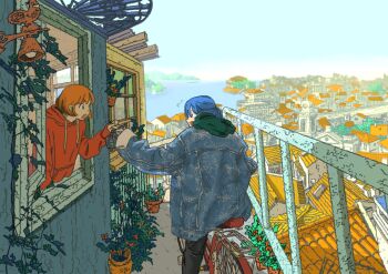 2girls bay bicycle blue_hair building city commentary_request day denim denim_jacket eye_contact highres holding hood hoodie jacket leaning_out_of_window long_sleeves looking_at_another multiple_girls open_mouth open_window orange_hair original outdoors plant potted_plant reaching reaching_towards_another red_hoodie riding riding_bicycle scenery short_hair sideways_mouth slice_of_life smile v-shaped_eyebrows window yomunashi