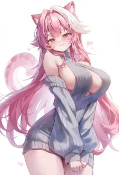 1girl animal_ears bare_shoulders blush breasts closed_mouth commentary detached_sleeves grey_sleeves grey_sweater hair_intakes hashtag-only_commentary heart highres hololive hololive_english large_breasts long_hair long_sleeves looking_at_viewer multicolored_hair panther_ears panther_girl panther_tail pink_hair pink_tail raora_panthera revision simple_background sleeves_past_wrists smile solo streaked_hair sweater tail teru_(s2_teru) thighs virgin_killer_sweater virtual_youtuber white_background yellow_eyes