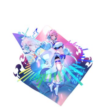 1girl alternate_costume black_shorts blue_gloves boots breasts detached_sleeves fold-over_boots game_asset gloves glowstick headphones headset highres large_breasts looking_at_viewer midriff multicolored_gloves navel non-web_source official_art pink_eyes pink_hair saigyouji_yuyuko self-datamine short_hair shorts simple_background solo speaker stage sweat thigh_strap thighs touhou touhou_gensou_eclipse transparent_background two-tone_gloves u_u_zan white_boots white_gloves