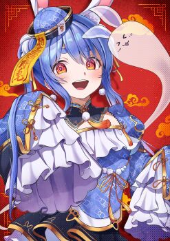 1girl animal_ears blue_dress blue_hair blue_hat blue_sleeves braid braided_bun chameleon_(chameleon0613) chinese_knot detached_collar detached_sleeves dress earrings flower_knot frilled_sleeves frills hair_bun hat highres hololive jewelry jiangshi_costume long_hair looking_at_viewer mandarin_collar ofuda open_mouth orange_eyes pom_pom_(clothes) pom_pom_earrings puffy_sleeves qingdai_guanmao rabbit-shaped_pupils rabbit_ears rabbit_girl red_background short_dress short_eyebrows sleeves_past_fingers sleeves_past_wrists smile solo strapless strapless_dress symbol-shaped_pupils teeth twintails upper_body upper_teeth_only usada_pekora usada_pekora_(jiangshi) virtual_youtuber xiangyun