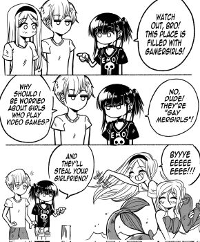 Rule 34 | 1boy, 3girls, 3koma, bikini, blanket, carrying, carrying person, choker, closed eyes, clothes writing, comic, corrupted twitter file, ear piercing, emo-girl (grs-), english text, fins, greyscale, grs-, hairband, highres, jewelry, long hair, medium hair, mermaid, monochrome, monster girl, multiple girls, no mouth, original, piercing, pointing, pointing at another, pointy ears, pun, shell, shell bikini, shirt, skull print, smelling, smile, t-shirt, water, waving, yuri