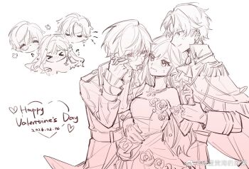 Rule 34 | > <, 1girl, 2boys, ^ ^, anger vein, blush, closed eyes, commentary, dated, english text, happy valentine, heart, hetero, holding another's wrist, holding hands, hoshino ichika (project sekai), kaitou shinshi no harahara!? white day (project sekai), linx2!, monochrome, multiple boys, nervous sweating, official alternate costume, official alternate hairstyle, open mouth, project sekai, scramble fan festa! (project sekai), shinonome akito, shy, sweat, tenma tsukasa, u u, untranslatable commentary, watermark, weibo username, weibo watermark